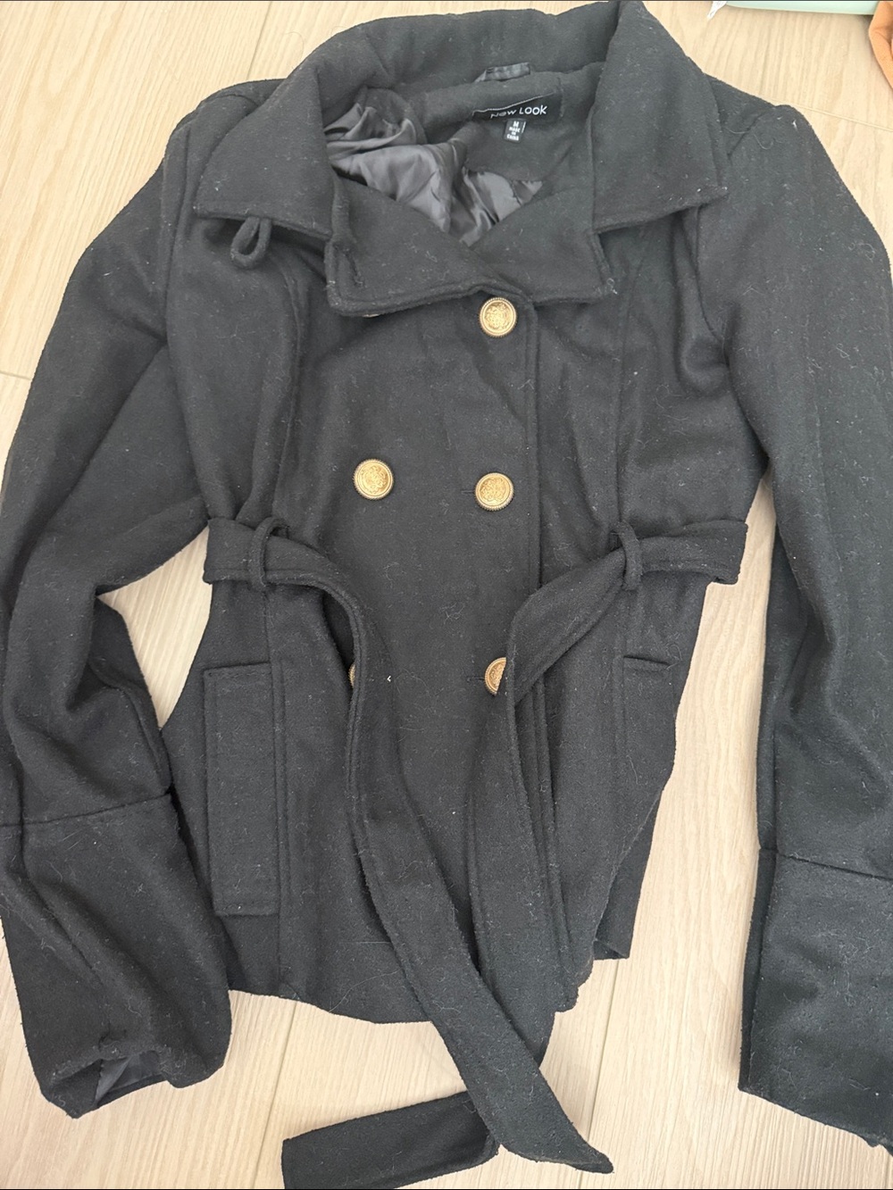New Look Black Double-Breasted Belted Pea Coat with Gold Buttons